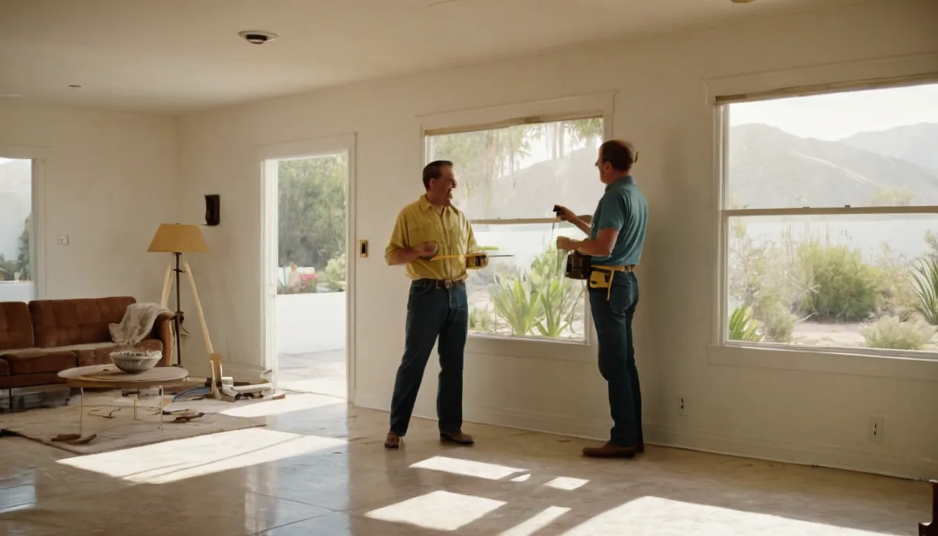 Provider measuring a living room window in a stucco ranch home in Woodside, with a homeowner looking on